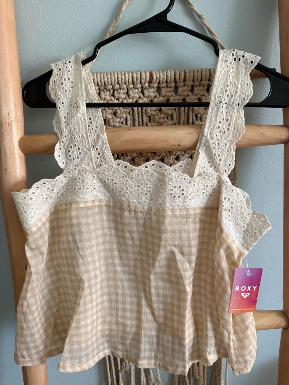 Roxy Cream and Beige Gingham Eyelet-Trim Camisole
